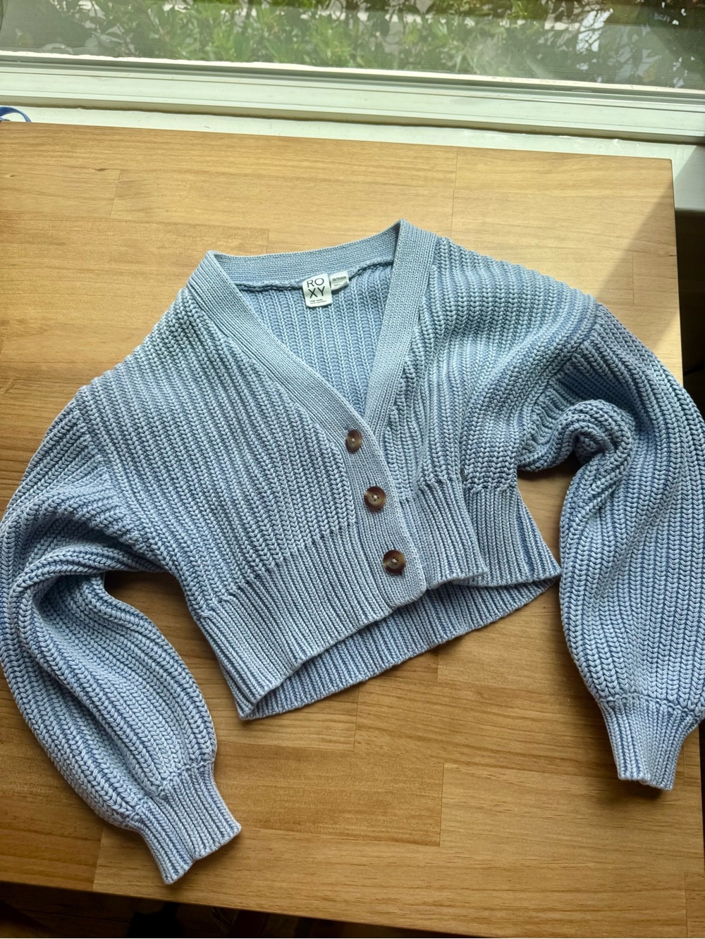 Roxy Cropped Chunky Knit Cardigan Sweater - Light Powder Blue